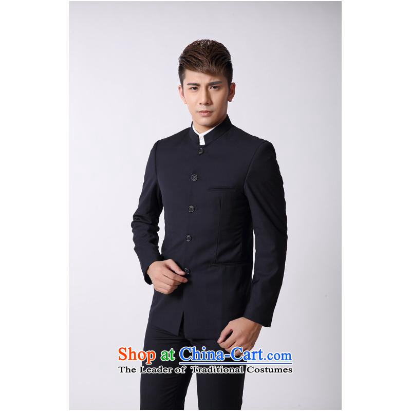 Stylish collar Chinese tunic Korean Chinese business and leisure groom Sau San Mock-neck Chinese tunic kit wedding possession of Cyan?XL
