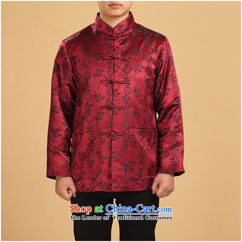 Tang Dynasty Men long-sleeved sweater Chinese elderly in the countrysides detained tray of autumn and winter clothes robe father jacket dark red single YiXL