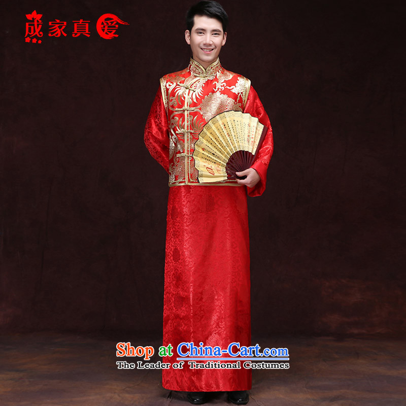 The knot true love-soo wo service men upscale male ancient Chinese tunic red Tang Dynasty Chinese style wedding dress the bridegroom set red picture 1 L