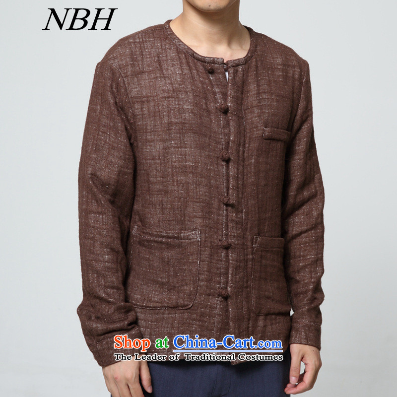 2015 Autumn and Winter New Men disc without a solid color for the China Wind Jacket coat linen solid color T-shirt brown 3XL,NBH,,, men shopping on the Internet