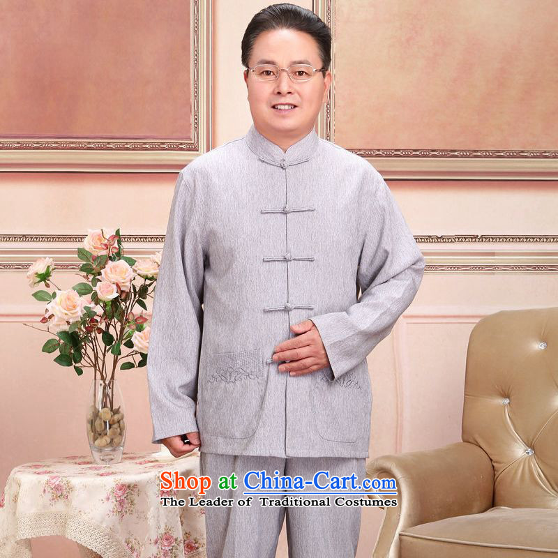The elderly in the Tang Dynasty Men and Women's jacket spring and fall with couples long-sleeved shirt cotton linen pants kit men gray suit?XXXL