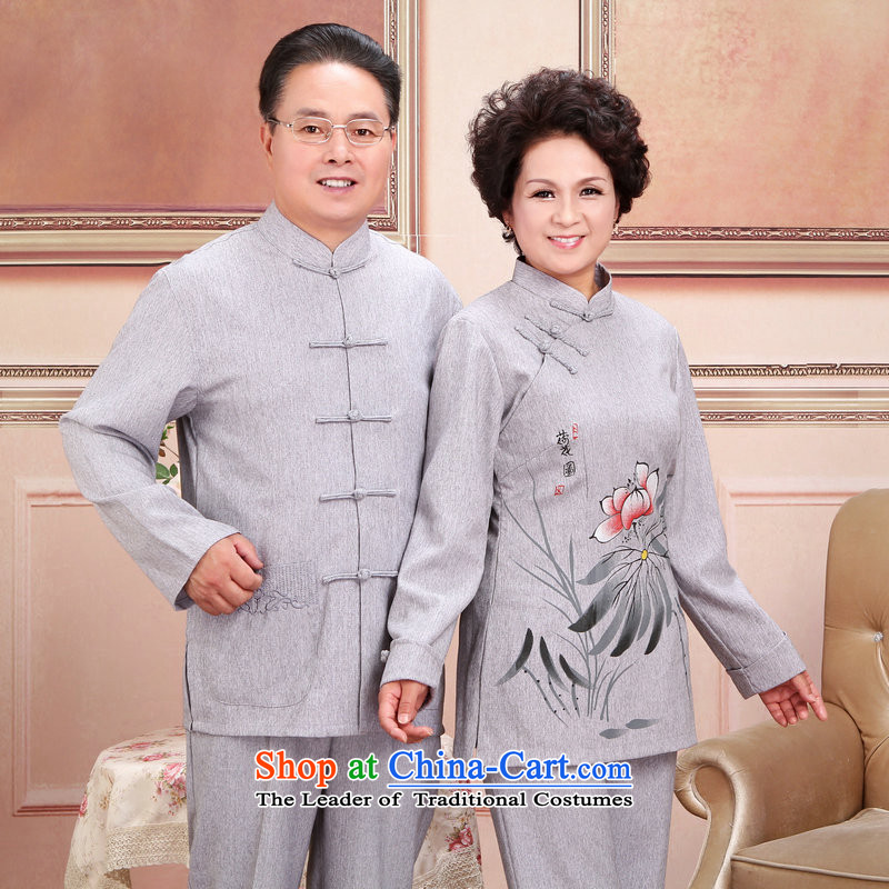 The elderly in the Tang Dynasty Men and Women's jacket spring and fall with couples long-sleeved shirt cotton linen pants kit men gray suit XXXL, Asako in , , , shopping on the Internet