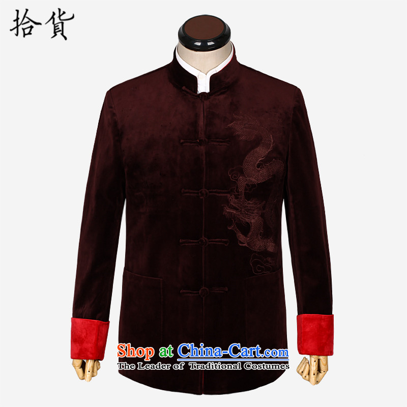 The Volume pick the new in 2015 winter older Chinese style wedding banquet men t-shirt with embroidered dragon father wedding grandpa scouring pads Tang jackets wine red 180