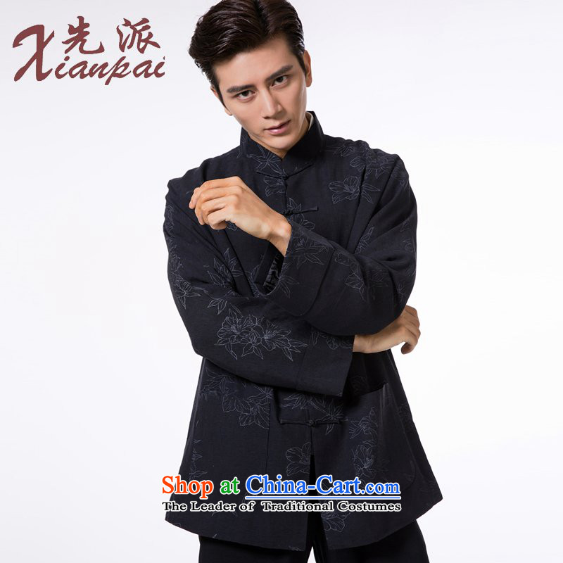 The dispatch of the Spring and Autumn Period and the Tang Dynasty Men long-sleeved silk linen stylish stamp disc detained Mock-neck traditional even cuff new pre-sale black silk garment Ma Tei stampXL  new pre-sale three days to send out