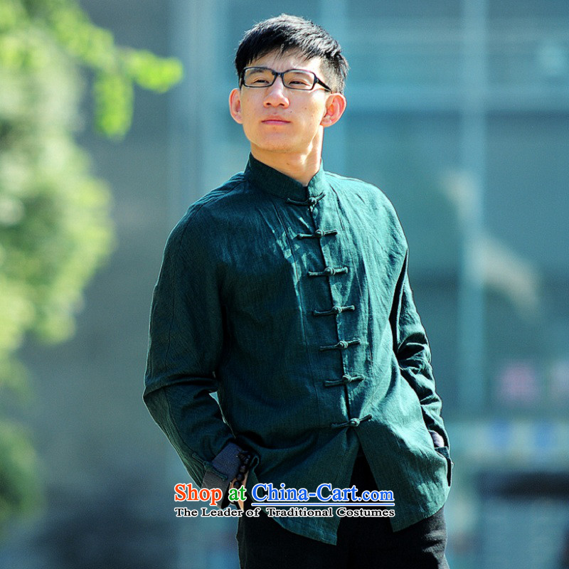 Seventy-Tang Tang dynasty fashion original designs to cut linen manually for long-sleeved top coat Chinese Disc detained Mock-neck spring and autumn 2014 Men's Shirt 93 emerald- XL New