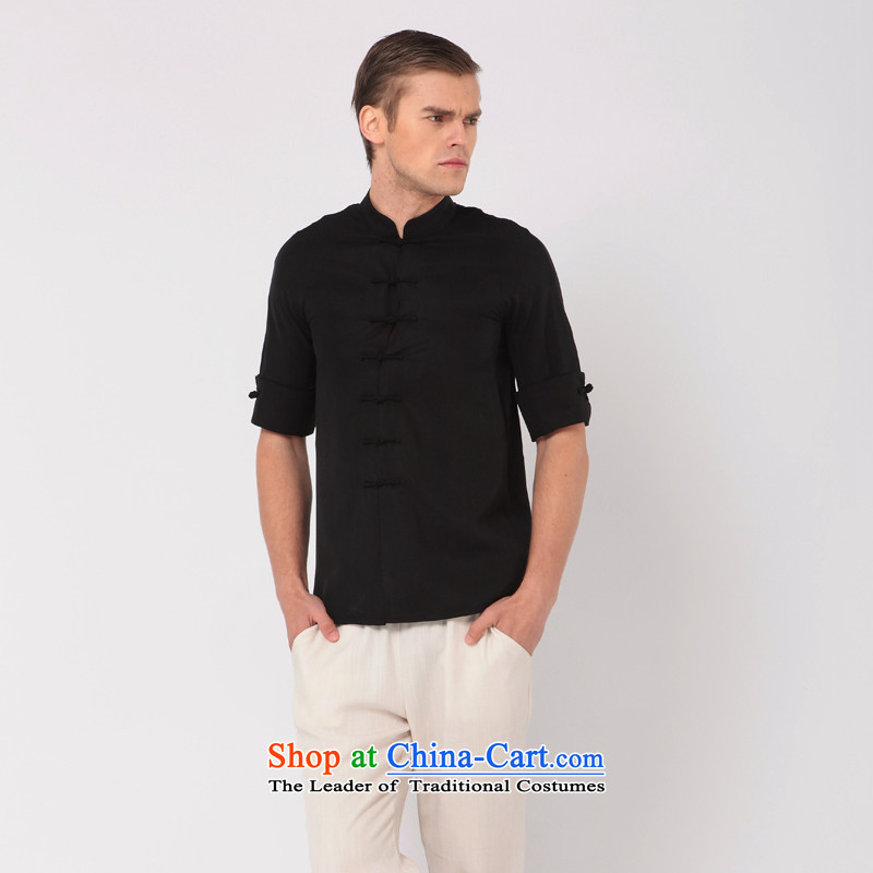 Seventy-tang China wind Tang dynasty fashion short-sleeved leisure tray clip T-shirt collar thin?TEE short-sleeved shirt with improved Chinese national men's summer TENCEL 317 Black?M
