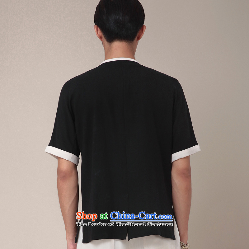 Seventy-tang China wind shirt linen Tang Upgrade Version days silk Chinese Disc detained men improved round-neck collar short-sleeved T-shirt for summer national 360 Black XL, Tsat Tang (seventang design shopping on the Internet has been pressed.)