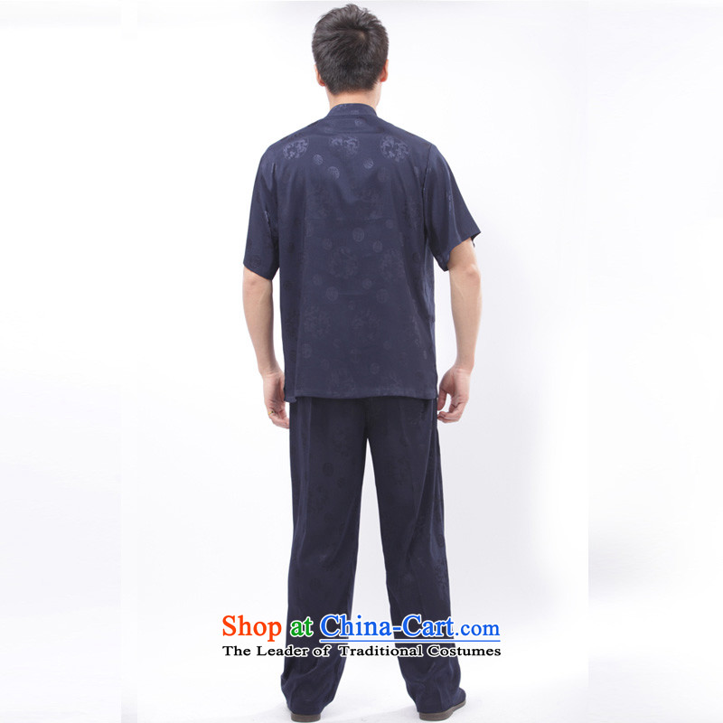 Charlene Choi this pavilion elderly men summer Kung Fu Tang dynasty father relaxd exercise clothing collar Kit Traditional casual - Round Dragon short-sleeved blue 2XL, Kit Charlene Choi in The Ascott , , , shopping on the Internet