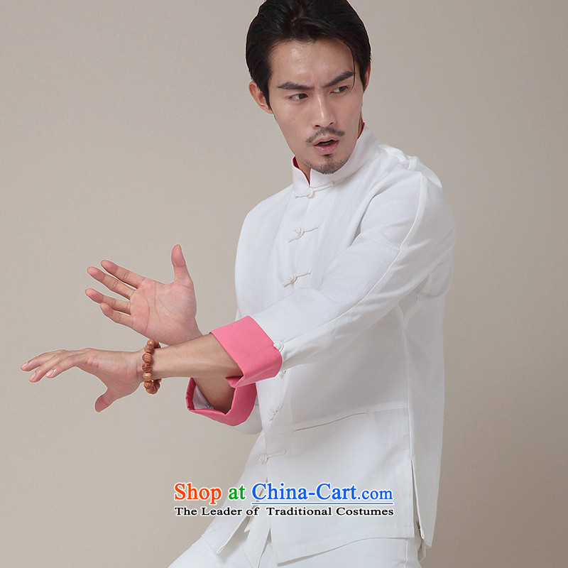Seventy-tang China wind Kung Fu Tang dynasty cotton linen clothes long-sleeved shirt with tie up collar Chinese autumn men's blouses national jacket 2014 new white cherry red sleevedS 379