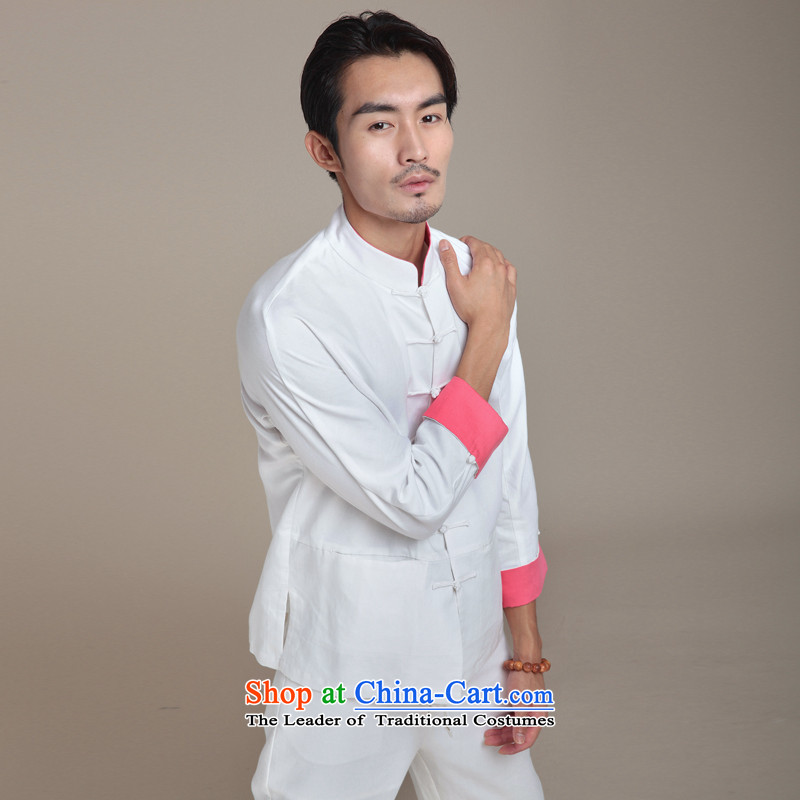 Seventy-tang China wind Kung Fu Tang dynasty cotton linen clothes long-sleeved shirt with tie up collar Chinese autumn men's blouses national jacket 2014 new white cherry red sleeved S 379 Tsat Tang (design) has been pressed on seventang Shopping
