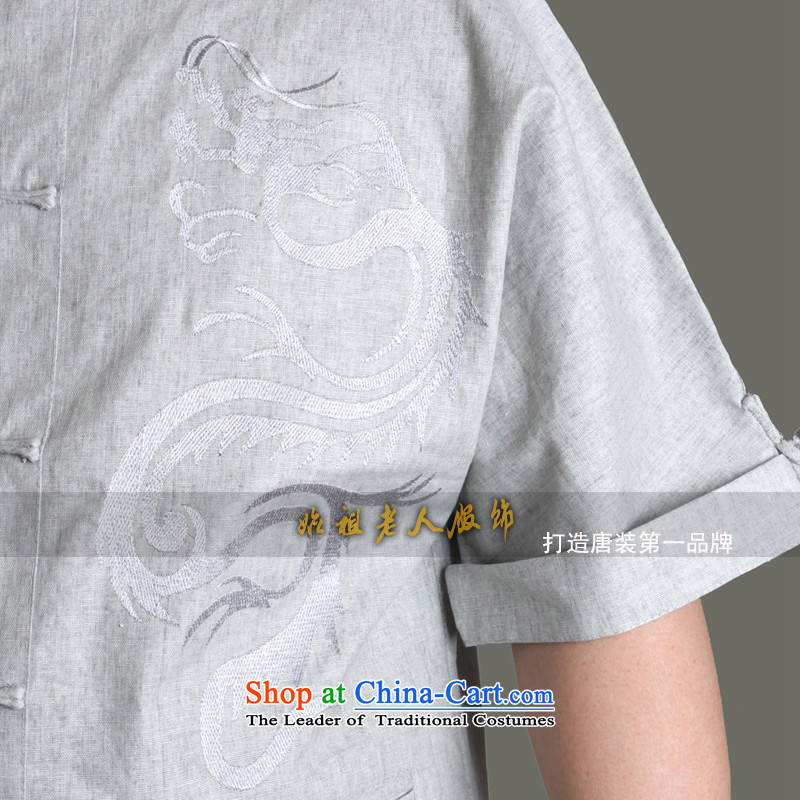 Urges the new 15 explosions without collars embroidered dragon men's summer leisure highstreet men round-neck collar short-sleeved cotton linen Tang blouses father summer Y0955Y 170/light gray shirt, single piece to the Cave of the elderly has been presse