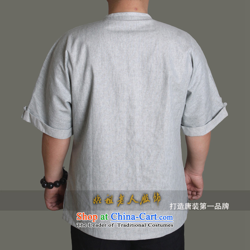 15 The new improved upscale male short-sleeved blouses Tang cotton linen china wind without collars leisure half sleeve male round-neck collar older summer Y0953Y 180/ light gray shirt, single piece to the Cave of the elderly has been pressed shopping on