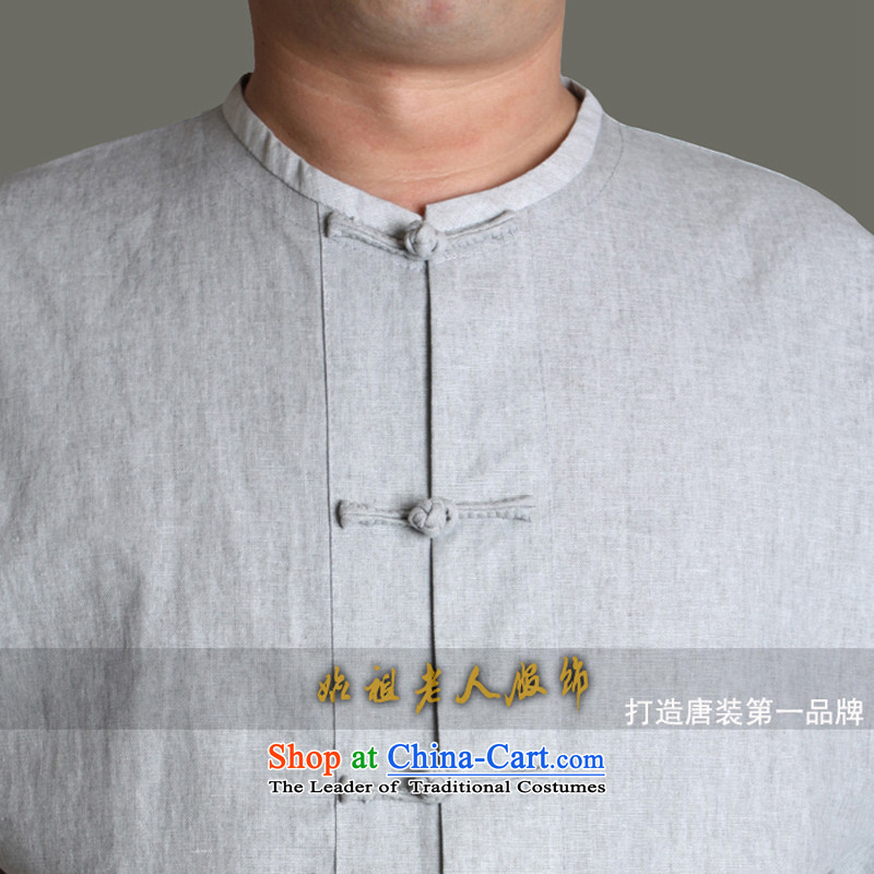 15 The new improved upscale male short-sleeved blouses Tang cotton linen china wind without collars leisure half sleeve male round-neck collar older summer Y0953Y 180/ light gray shirt, single piece to the Cave of the elderly has been pressed shopping on