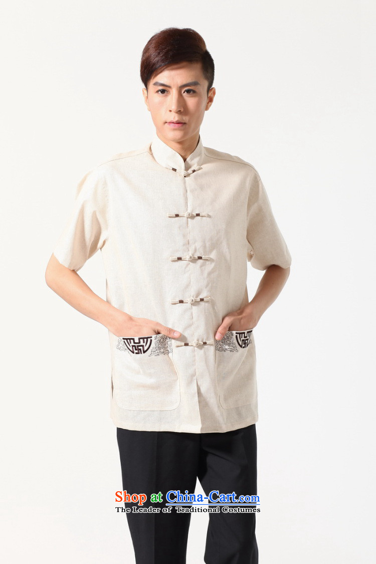 158 Jing summer new short-sleeved Tang Dynasty Chinese Improved large Chinese tunic of Men's Mock-Neck embroidered cotton linen Tang dynasty M0051 shirt, beige M recommendations 100-120 catties) Picture, prices, brand platters! The elections are supplied in the national character of distribution, so action, buy now enjoy more preferential! As soon as possible.