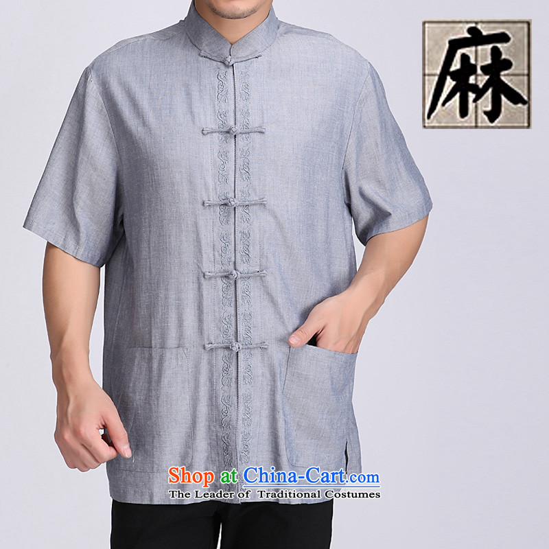 Summer genuine men short-sleeved T-shirt cotton linen tunic of ethnic Chinese Men's Mock-Neck tray clip cotton linen short-sleeved older cotton linen short-sleeved T-shirt is informal and comfortable with a blue and gray?XL_180 Dad