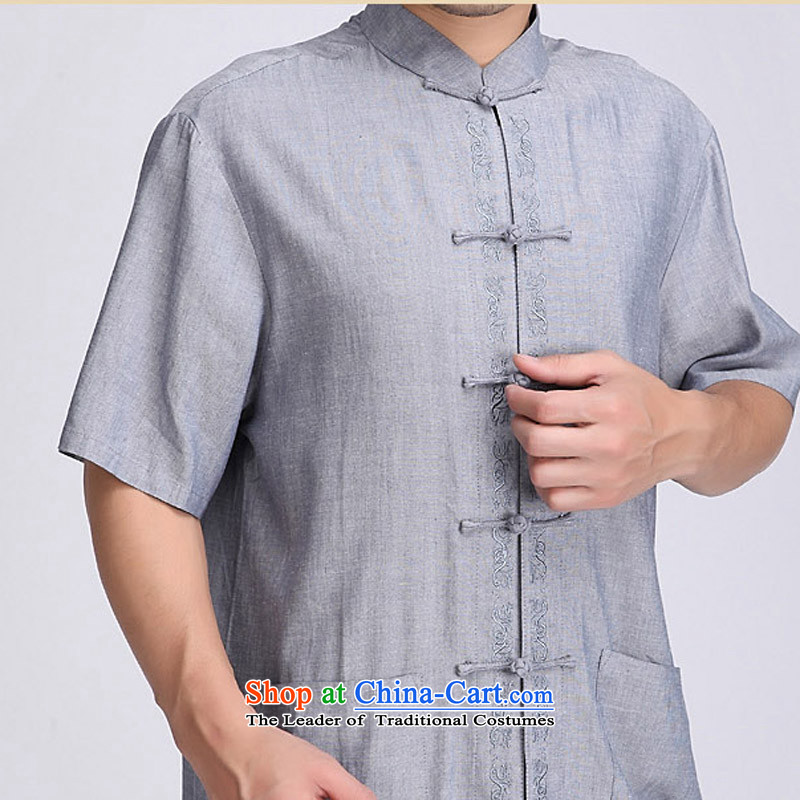 Summer genuine men short-sleeved T-shirt cotton linen tunic of ethnic Chinese Men's Mock-Neck tray clip cotton linen short-sleeved older cotton linen short-sleeved T-shirt relaxd fit father load blue-gray XL/180, thre line (gesaxing and Tobago) , , , shop