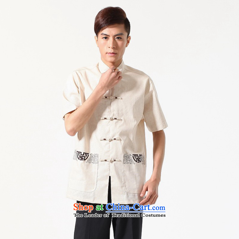 Floor is middle-aged men building new summer collar short-sleeved embroidered large Chinese Tang dynasty improved maleXXXL Beige