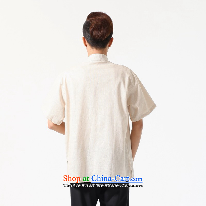 Floor is middle-aged men building new summer collar short-sleeved embroidered large Chinese Tang dynasty improved male beige floor is , , , Floor XXXL, shopping on the Internet