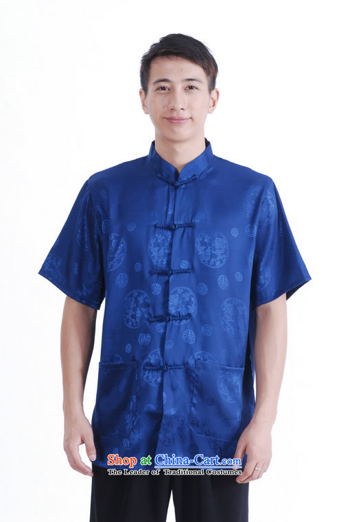 Floor is building new summer dad middle-aged men's Mock-neck short-sleeved tray clip Chinese large improved damask on the Tang dynasty shirts and Cyan XL Photo, prices, brand platters! The elections are supplied in the national character of distribution, so action, buy now enjoy more preferential! As soon as possible.