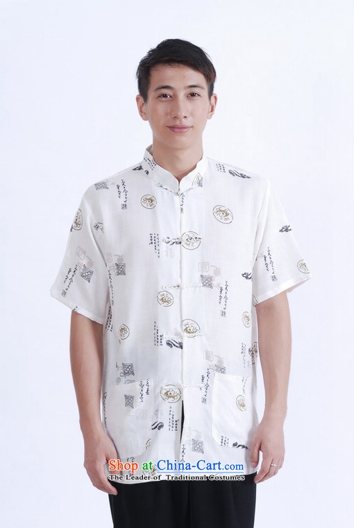 Floor load floor is father new summer Men's Mock-Neck short-sleeved stamp cotton linen Chinese Improved Large Tang dynasty shirts and white M picture, prices, brand platters! The elections are supplied in the national character of distribution, so action, buy now enjoy more preferential! As soon as possible.