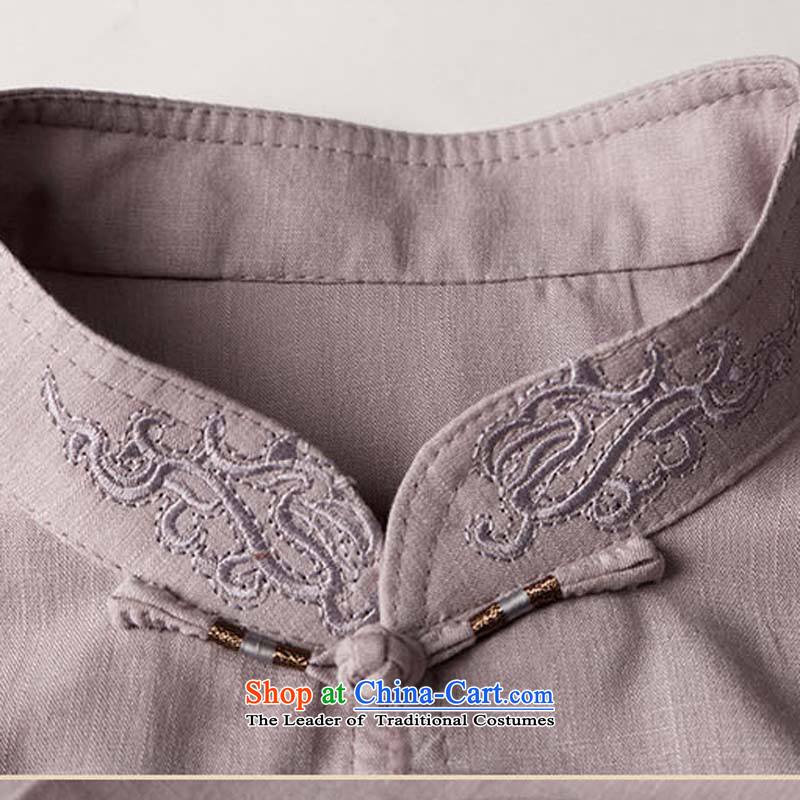 Bosnia and thre line Amoi highstreet male short-sleeved embroidery cotton linen short-sleeved T-shirt with solid color embroidery on short wave and chinese collar summer short-sleeved T-shirt embroidery China wind white L/175, thre line (gesaxing and Toba