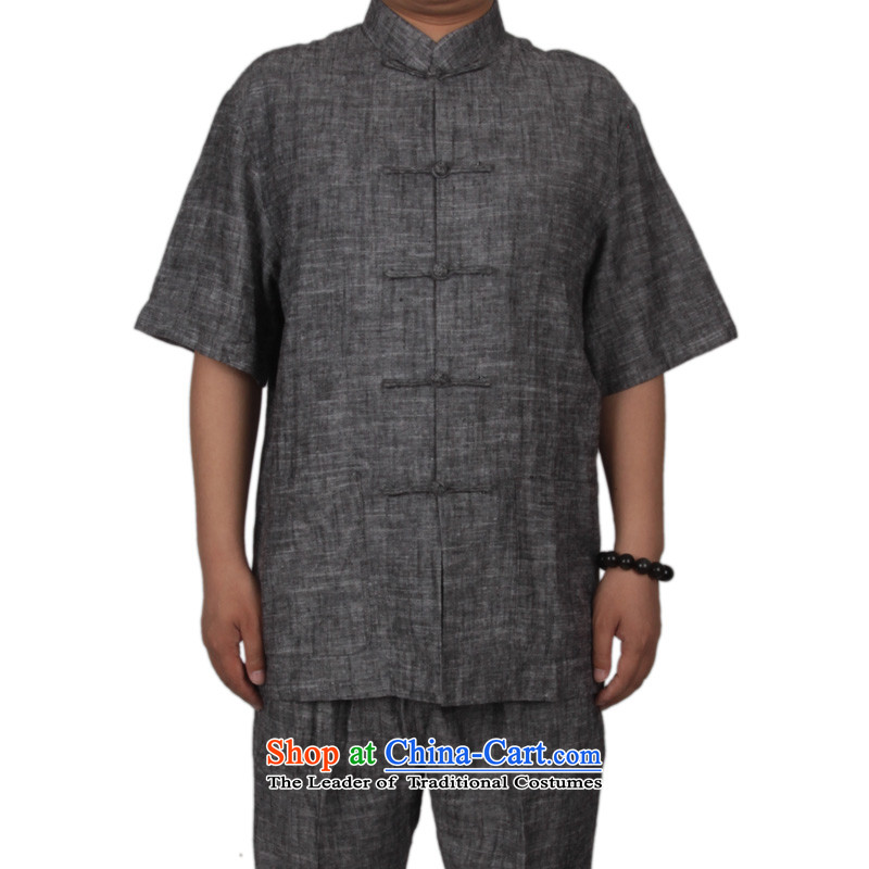 Summer genuine cotton linen men Tang dynasty short-sleeve kit national wind in older summer old folk weave cotton linen clothing Chinese Short-Sleeve Mock-Neck disc detained men and Tang Dynasty Package?M_170 Carbon