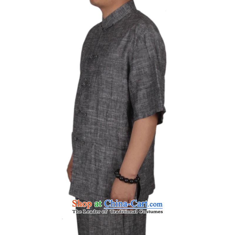 Summer genuine cotton linen men Tang dynasty short-sleeve kit national wind in older summer old folk weave cotton linen clothing Chinese Short-Sleeve Mock-Neck disc detained men and Tang Dynasty Package carbon M/170, thre line (gesaxing and Tobago) , , ,