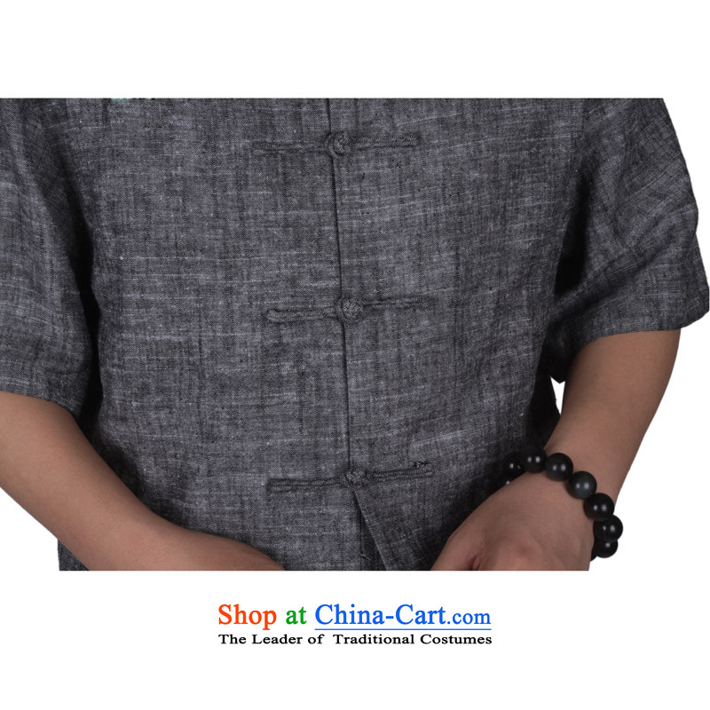 Summer genuine cotton linen men Tang dynasty short-sleeve kit national wind in older summer old folk weave cotton linen clothing Chinese Short-Sleeve Mock-Neck disc detained men and Tang Dynasty Package carbon M/170, thre line (gesaxing and Tobago) , , ,
