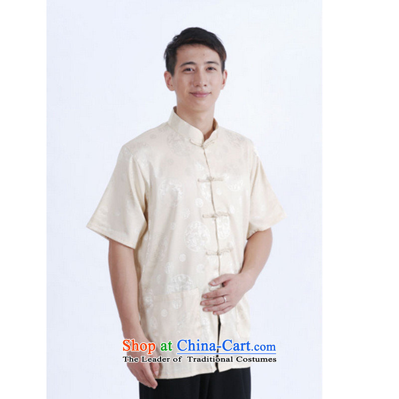 It new summer 2014 Men's Mock-Neck Tang dynasty disc detained Men's Shirt stylish pocket 9 has the short-sleeved shirt,beigeXXXL 17