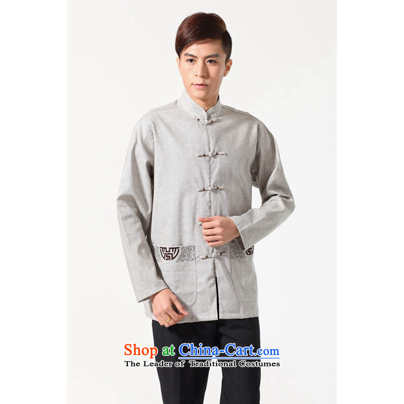 It new fall stylish in older men improved load father Mock-neck Tang dynasty solid color cotton linen long-sleeved shirt - 1 M, floral.... gray shopping on the Internet