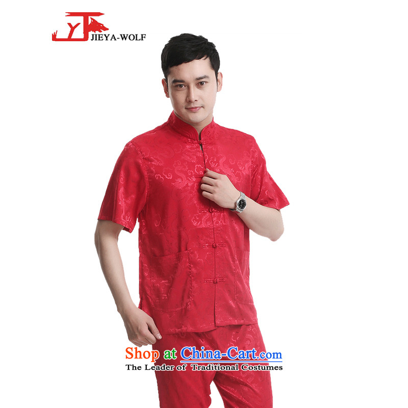 - Wolf JIEYA-WOLF, New Tang dynasty men's short-sleeve kit stylish stars of the Summer Lung Men Kit installed Red Flag tai chi A?170_M