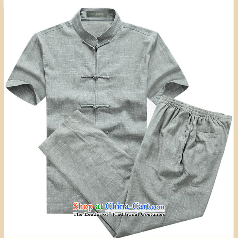 Flax Chinese collar of older persons in the cotton linen Tang dynasty male short-sleeved men Han-ball-service for summer package?S_165 Gray