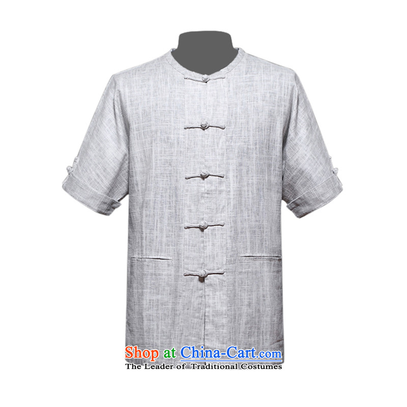 Men's genuine scraper blade ma short-sleeved T-shirt with new upscale Tang cotton linen short-sleeved Tang Dynasty Chinese Men's Mock-Neck scraper blade ma national costumes relaxd fit with light gray L_175 Dad