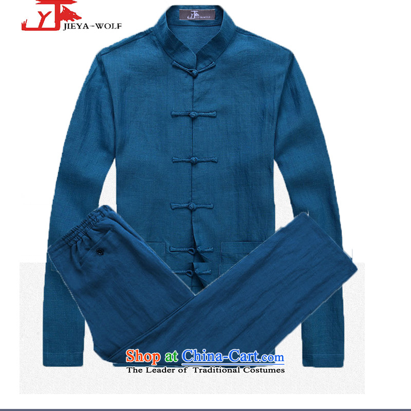 - Wolf JIEYA-WOLF, New Package Tang dynasty Long-sleeve spring and autumn) Men Tang dynasty during the spring and autumn stylish pure linen handicraft disk set of Peacock Blue 185/XXL,JIEYA-WOLF,,, detained shopping on the Internet