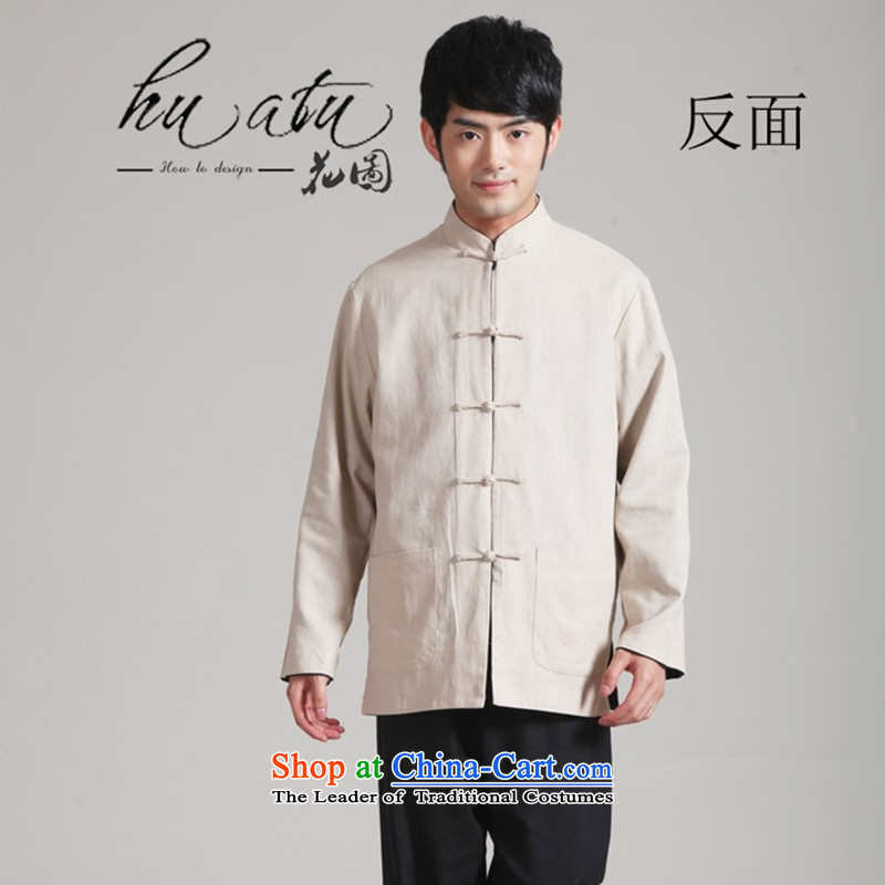 Floral autumn and winter in the new elderly men's father replacing men wearing cotton linen duplex ancient Tang dynasty long-sleeved jacket Cardigan Male - 3 on Tsing and beige , L, floral shopping on the Internet has been pressed.