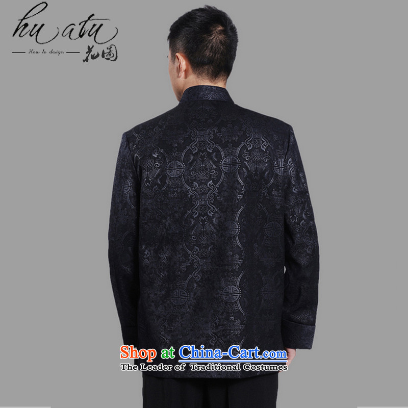 Floral autumn and winter new men in Tang Dynasty Chinese tunic load dad older collar plus thin cotton ironing spend long-sleeved sweater -A DARK BLUE XXL, floral shopping on the Internet has been pressed.