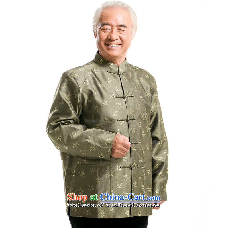 Thre line men and autumn and winter Tang Dynasty Chinese dragon long-sleeved shirt of ethnic Chinese elderly in Men's Mock-Neck embroidery long-sleeved sweater?F0770??XXL_185 green