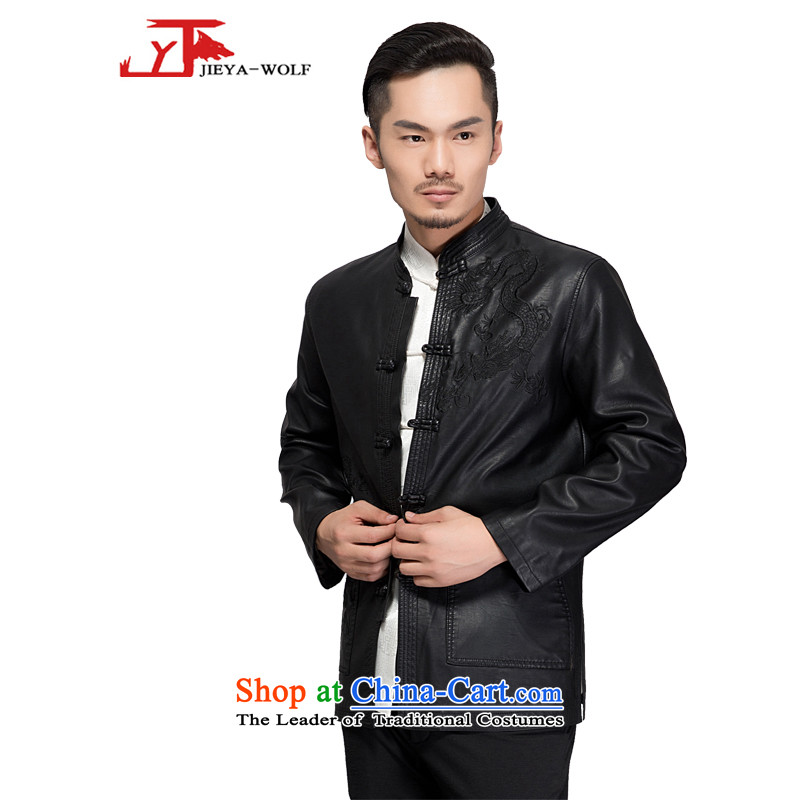 - Wolf JIEYA-WOLF2015, autumn and winter new Tang dynasty Long-sleeve leather jacket embroidered dragon high-end men leather jacket smart casual 175_L black