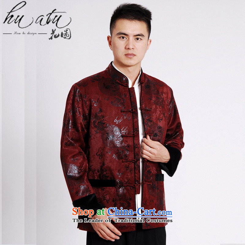 Floral autumn and winter new collar male Tang blouses flat, lint-free cloth mink gross cotton in the thick of the Chinese Tang dynasty male -A wine red flower figure has been pressed, L, online shopping