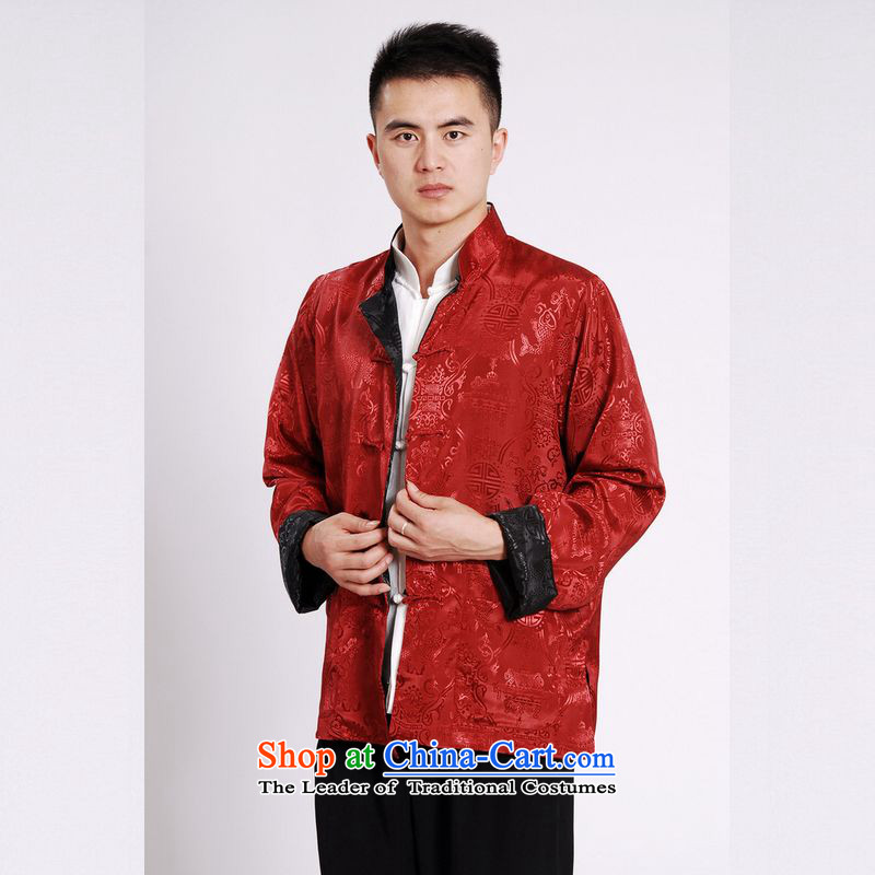 158 Jing Tang Dynasty Men long-sleeved national costumes men Tang jackets collar double-sided Wearing Tang Dynasty damask Black + Red XL, 158 jing shopping on the Internet has been pressed.