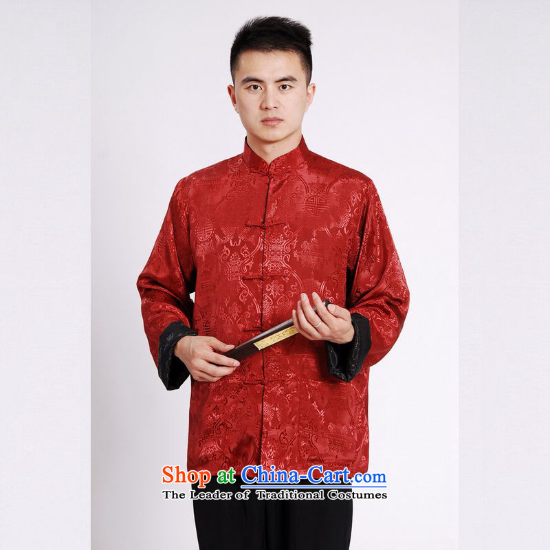 158 Jing Tang Dynasty Men long-sleeved national costumes men Tang jackets collar double-sided Wearing Tang Dynasty damask Black + Red XL, 158 jing shopping on the Internet has been pressed.