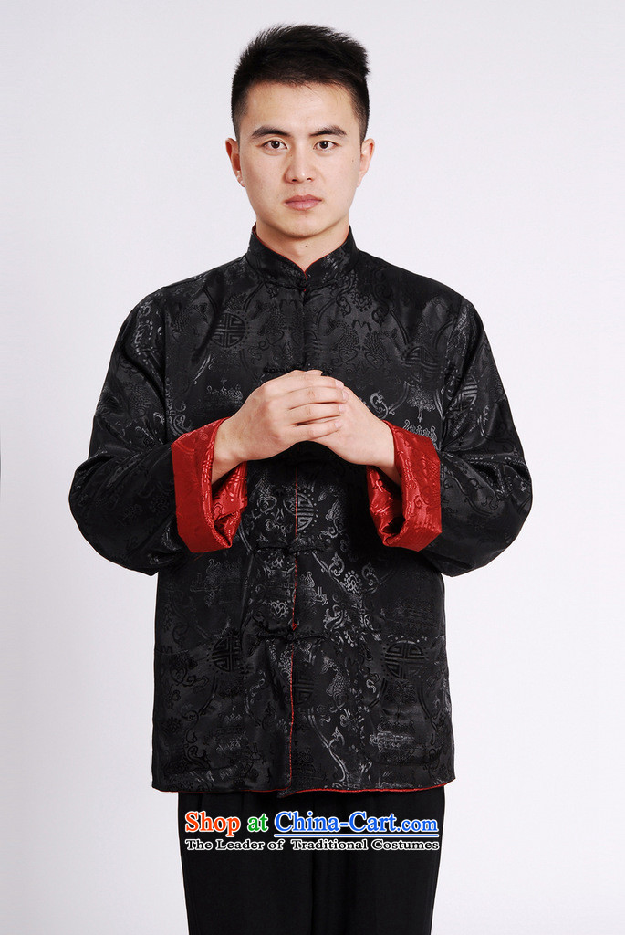 Ms Au King Mansion to Tang dynasty men long-sleeved national costumes men Tang jackets collar double-sided Wearing Tang Dynasty damask Black + Red M picture, prices, brand platters! The elections are supplied in the national character of distribution, so action, buy now enjoy more preferential! As soon as possible.