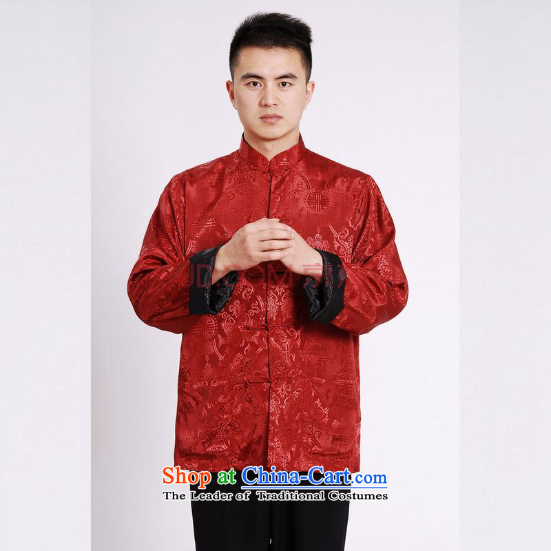 Picking Frequency Tang Dynasty Men long-sleeved national costumes men Tang jackets collar double-sided Wearing Tang Dynasty damask Black + Red XL, picking frequency , , , shopping on the Internet