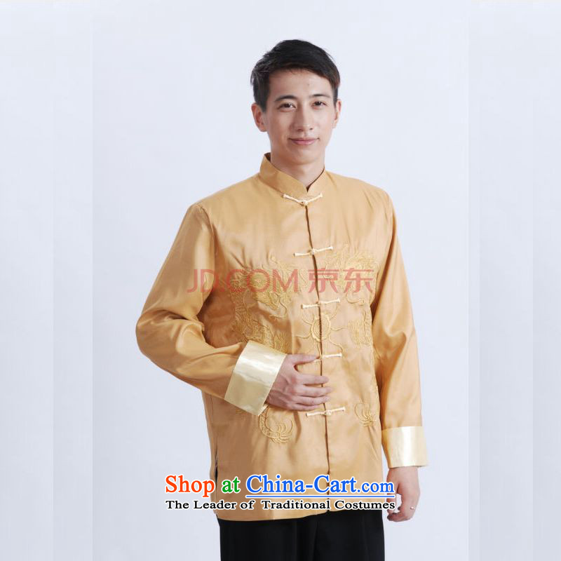 Tang Dynasty Joseph Pang Men long-sleeved national costumes men Tang jackets collar embroidery Chinese dragon yellow?XXL