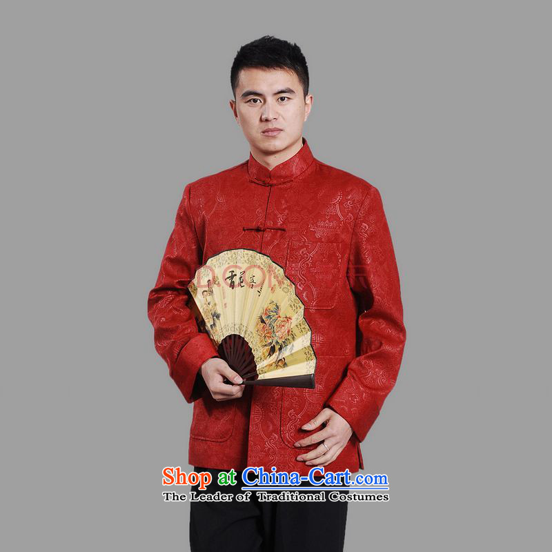 Tang Dynasty Joseph Pang Men long-sleeved national costumes men Tang jackets collar embroidery Chinese dragon?XXXL red