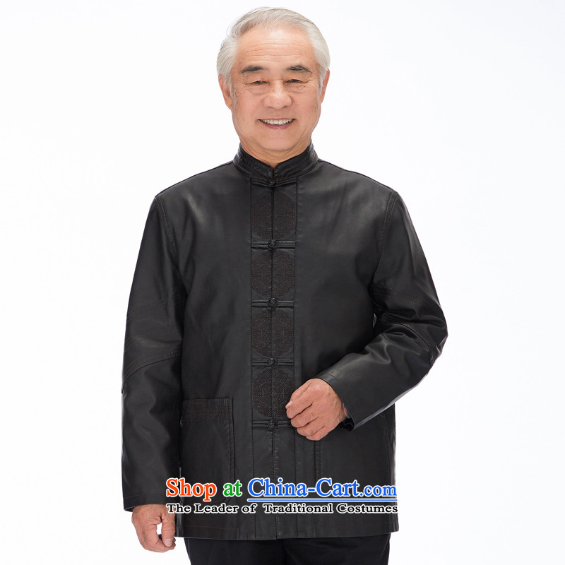 Thre ethnic lines and Men's Mock-Neck thick simulated leather jacket from older Tang men pu Tang jacketsD-818-1L_175 Brown