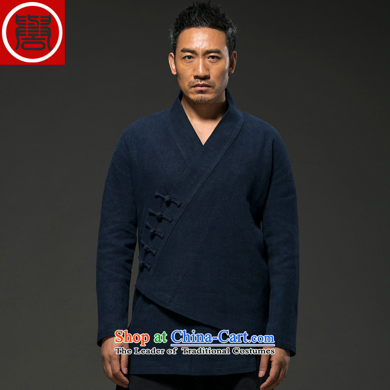 Renowned China wind autumn and winter men cotton linen Tang dynasty long-sleeved improved Han-spiritual services need to come to grips loose ball-T-shirt Chinese Disc detained Blue _3XL_ movement