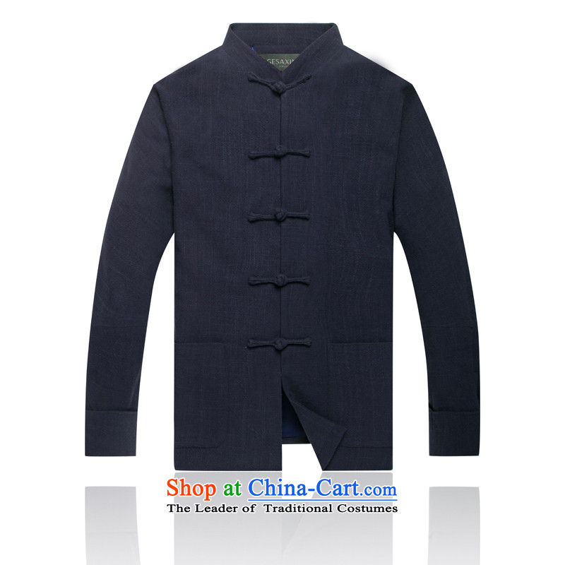 Thre line and long-sleeved linen china wind load Tang Tang dynasty men's jackets during the Spring and Autumn Chinese-shoulder even the elderly in the Cuff national costumes F0738 load father dark blueM_170