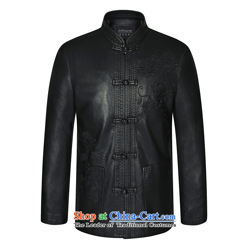 Double-  spring and autumn 2015 winter. older men in Tang Long Neck Jacket of Korean leather garments PU Tang-pack Black Black 175 185