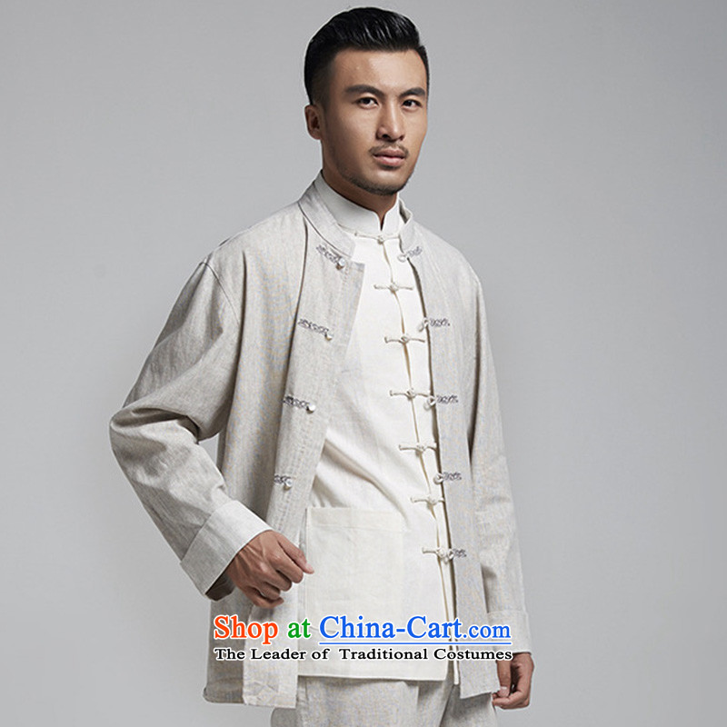 Fudo de Tang dynasty linen plain rowdy men long-sleeved top Chinese leisure jacket embroidered original China wind spring and autumn 2015 men's light gray XXXL, de fudo shopping on the Internet has been pressed.
